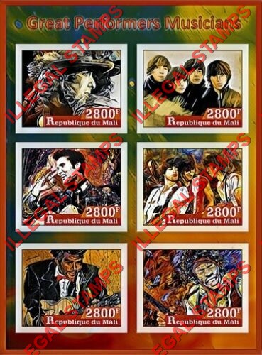 Mali 2017 Musicians Illegal Stamp Souvenir Sheet of 6 Mali 2017 Musicians Illegal Stamp Souvenir Sheet of 6