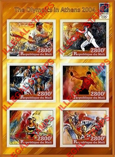 Mali 2017 Olympics in Athens 2004 Illegal Stamp Souvenir Sheet of 6 Mali 2017 Olympics in Athens 2004 Illegal Stamp Souvenir Sheet of 6