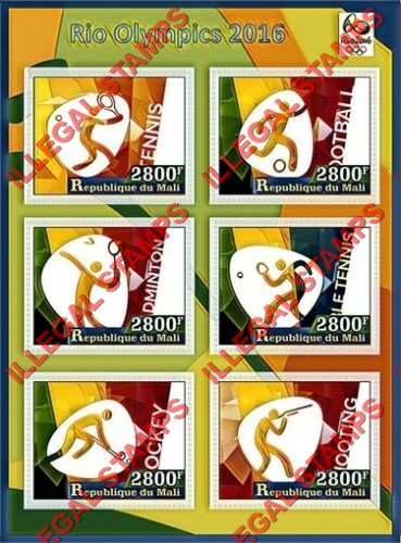 Mali 2017 Olympics in Rio 2016 Illegal Stamp Souvenir Sheet of 6 Mali 2017 Olympics in Rio 2016 Illegal Stamp Souvenir Sheet of 6