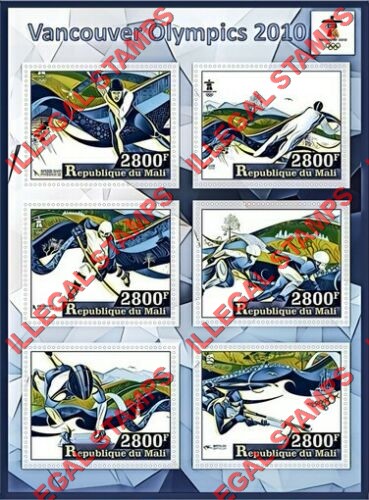 Mali 2017 Olympics in Vancouver 2010 Illegal Stamp Souvenir Sheet of 6 Mali 2017 Olympics in Vancouver 2010 Illegal Stamp Souvenir Sheet of 6
