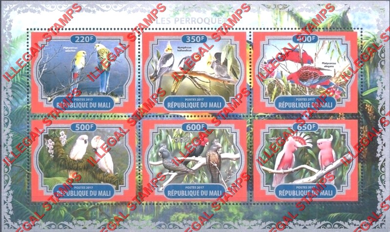 Mali 2017 Parrots Illegal Stamp Souvenir Sheet of 6 Mali 2017 Parrots Illegal Stamp Souvenir Sheet of 6