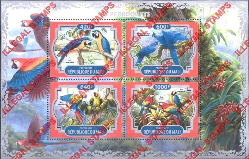 Mali 2017 Parrots Illegal Stamp Souvenir Sheet of 4 Mali 2017 Parrots Illegal Stamp Souvenir Sheet of 4