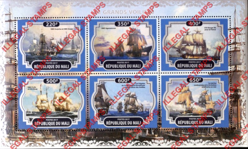 Mali 2017 Sailing Ships Illegal Stamp Souvenir Sheet of 6 Mali 2017 Sailing Ships Illegal Stamp Souvenir Sheet of 6