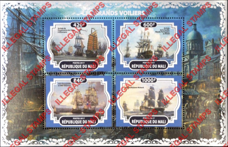 Mali 2017 Sailing Ships Illegal Stamp Souvenir Sheet of 4 Mali 2017 Sailing Ships Illegal Stamp Souvenir Sheet of 4