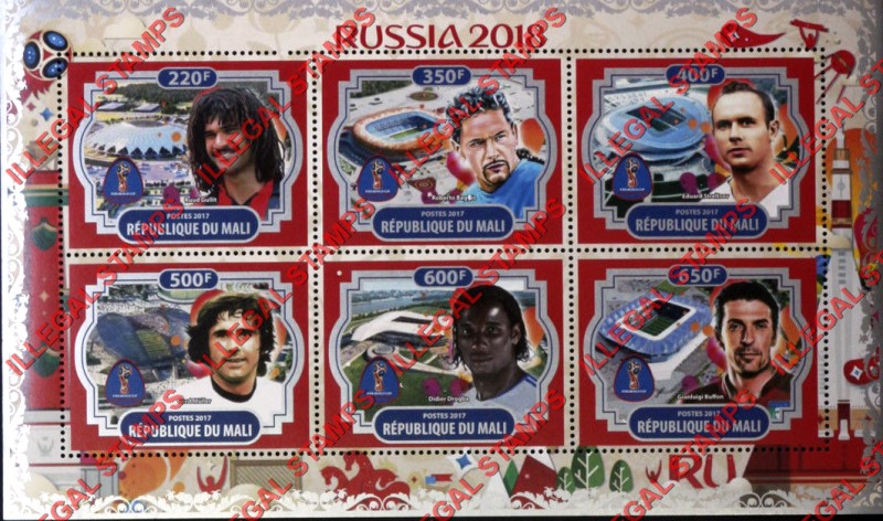 Mali 2017 Soccer Illegal Stamp Souvenir Sheet of 6 Mali 2017 Soccer Illegal Stamp Souvenir Sheet of 6