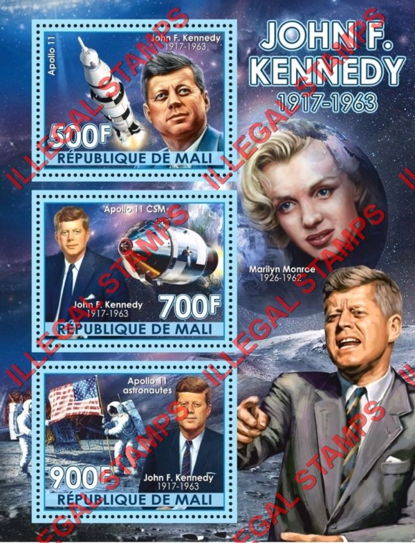 Mali 2018 John F. Kennedy Illegal Stamp Souvenir Sheet of 3 with no Date Mali 2018 John F. Kennedy Illegal Stamp Souvenir Sheet of 3 with no Date