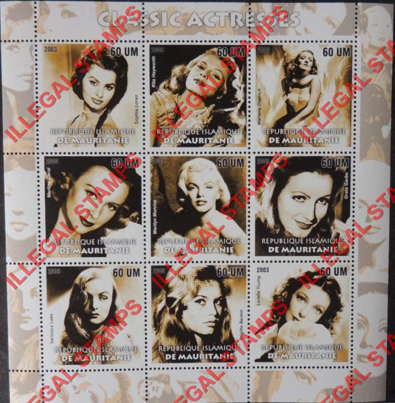 MAURITANIA 2003 Classic Actresses Counterfeit Illegal Stamp Souvenir Sheet of 9 MAURITANIA 2003 Classic Actresses Counterfeit Illegal Stamp Souvenir Sheet of 9