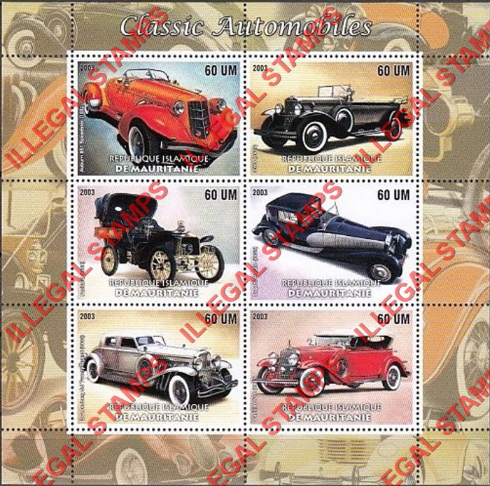 MAURITANIA 2003 Classic Automobiles Counterfeit Illegal Stamp Souvenir Sheet of 6 MAURITANIA 2003 Classic Automobiles Counterfeit Illegal Stamp Souvenir Sheet of 6