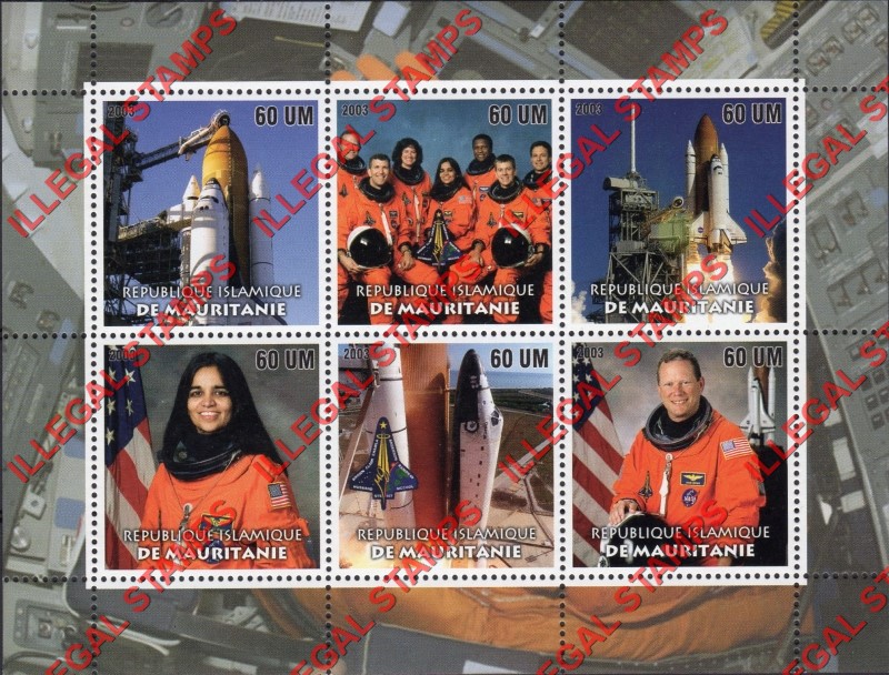 MAURITANIA 2003 Columbia Space Shuttle Disaster Counterfeit Illegal Stamp Souvenir Sheet of 6 (Sheet 1) MAURITANIA 2003 Columbia Space Shuttle Disaster Counterfeit Illegal Stamp Souvenir Sheet of 6 (Sheet 1)