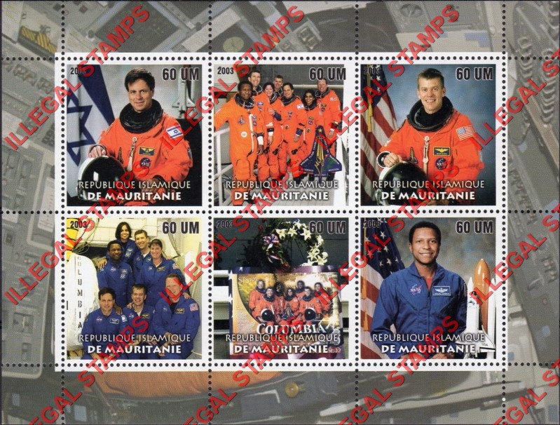 MAURITANIA 2003 Columbia Space Shuttle Disaster Counterfeit Illegal Stamp Souvenir Sheet of 6 (Sheet 2) MAURITANIA 2003 Columbia Space Shuttle Disaster Counterfeit Illegal Stamp Souvenir Sheet of 6 (Sheet 2)
