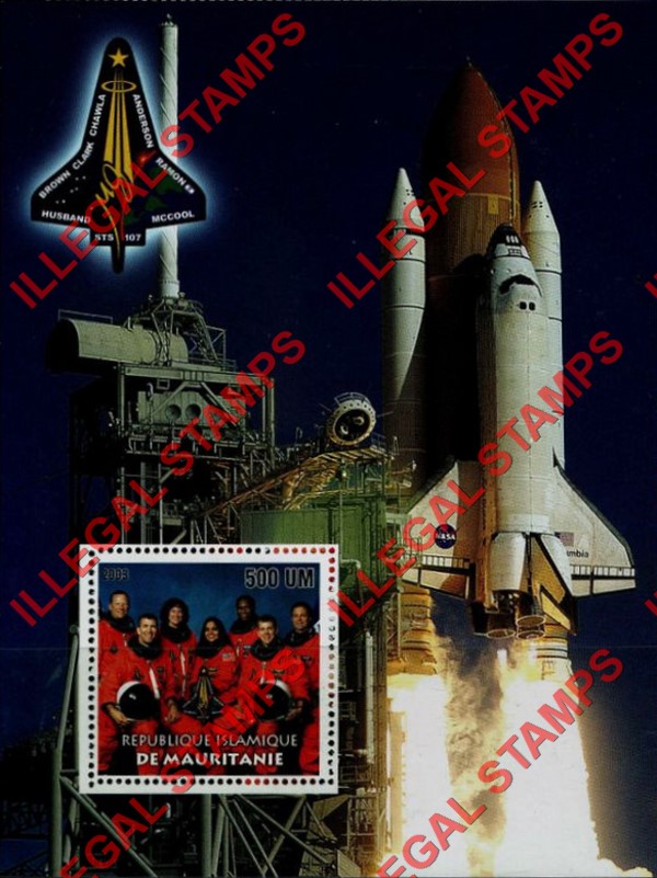 MAURITANIA 2003 Columbia Space Shuttle Disaster Counterfeit Illegal Stamp Souvenir Sheet of 1 (Sheet 2) MAURITANIA 2003 Columbia Space Shuttle Disaster Counterfeit Illegal Stamp Souvenir Sheet of 1 (Sheet 2)