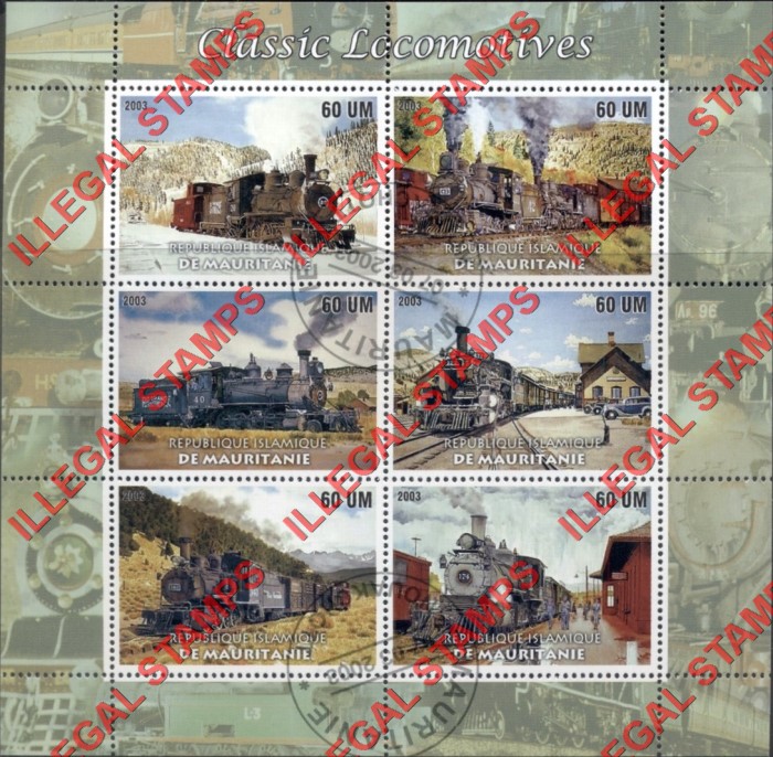 MAURITANIA 2003 Classic Locomotives Counterfeit Illegal Stamp Souvenir Sheet of 6 MAURITANIA 2003 Classic Locomotives Counterfeit Illegal Stamp Souvenir Sheet of 6