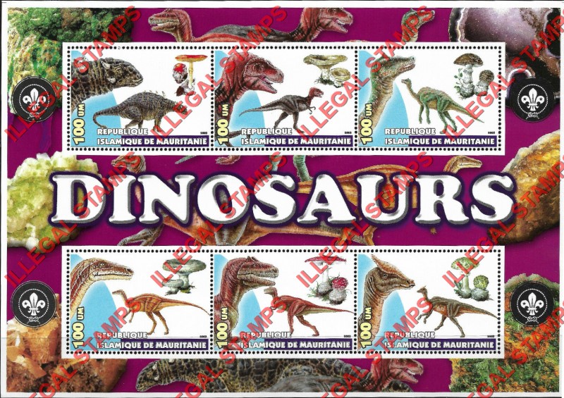 MAURITANIA 2003 Dinosaurs with Scouts Logo Counterfeit Illegal Stamp Souvenir Sheet of 6 MAURITANIA 2003 Dinosaurs with Scouts Logo Counterfeit Illegal Stamp Souvenir Sheet of 6