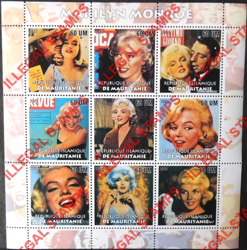 MAURITANIA 2003 Marilyn Monroe Counterfeit Illegal Stamp Souvenir Sheet of 9 MAURITANIA 2003 Marilyn Monroe Counterfeit Illegal Stamp Souvenir Sheet of 9