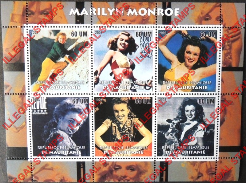 MAURITANIA 2003 Marilyn Monroe Counterfeit Illegal Stamp Souvenir Sheet of 6 (Sheet 1) MAURITANIA 2003 Marilyn Monroe Counterfeit Illegal Stamp Souvenir Sheet of 6 (Sheet 1)