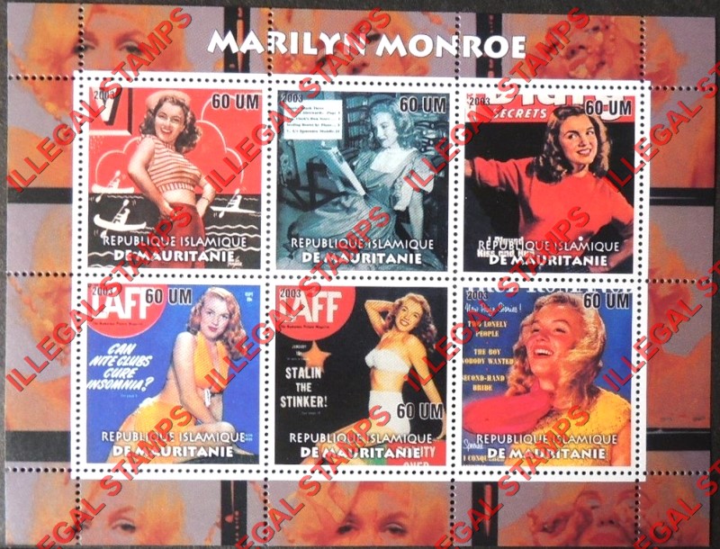 MAURITANIA 2003 Marilyn Monroe Counterfeit Illegal Stamp Souvenir Sheet of 6 (Sheet 2) MAURITANIA 2003 Marilyn Monroe Counterfeit Illegal Stamp Souvenir Sheet of 6 (Sheet 2)