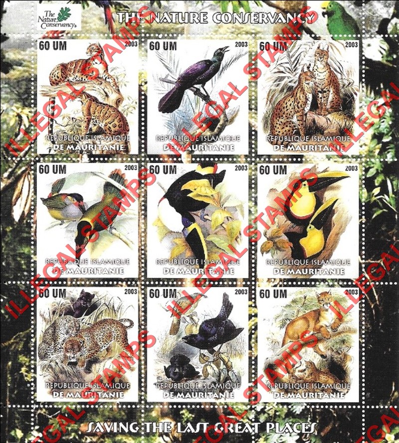 MAURITANIA 2003 Nature Conservancy Animals and Birds Counterfeit Illegal Stamp Souvenir Sheet of 9 MAURITANIA 2003 Nature Conservancy Animals and Birds Counterfeit Illegal Stamp Souvenir Sheet of 9