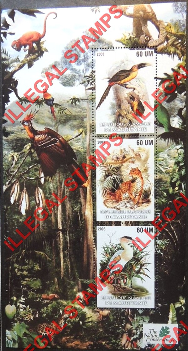 MAURITANIA 2003 Nature Conservancy Animals and Birds Counterfeit Illegal Stamp Souvenir Sheet of 3 (Sheet 1) MAURITANIA 2003 Nature Conservancy Animals and Birds Counterfeit Illegal Stamp Souvenir Sheet of 3 (Sheet 1)