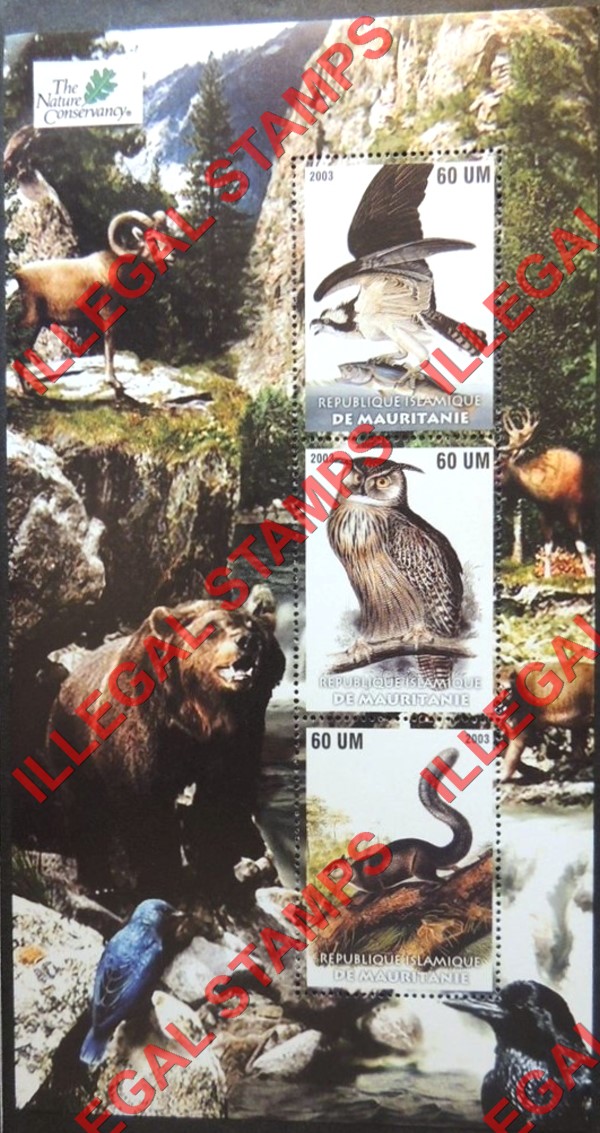 MAURITANIA 2003 Nature Conservancy Animals and Birds Counterfeit Illegal Stamp Souvenir Sheet of 3 (Sheet 2) MAURITANIA 2003 Nature Conservancy Animals and Birds Counterfeit Illegal Stamp Souvenir Sheet of 3 (Sheet 2)