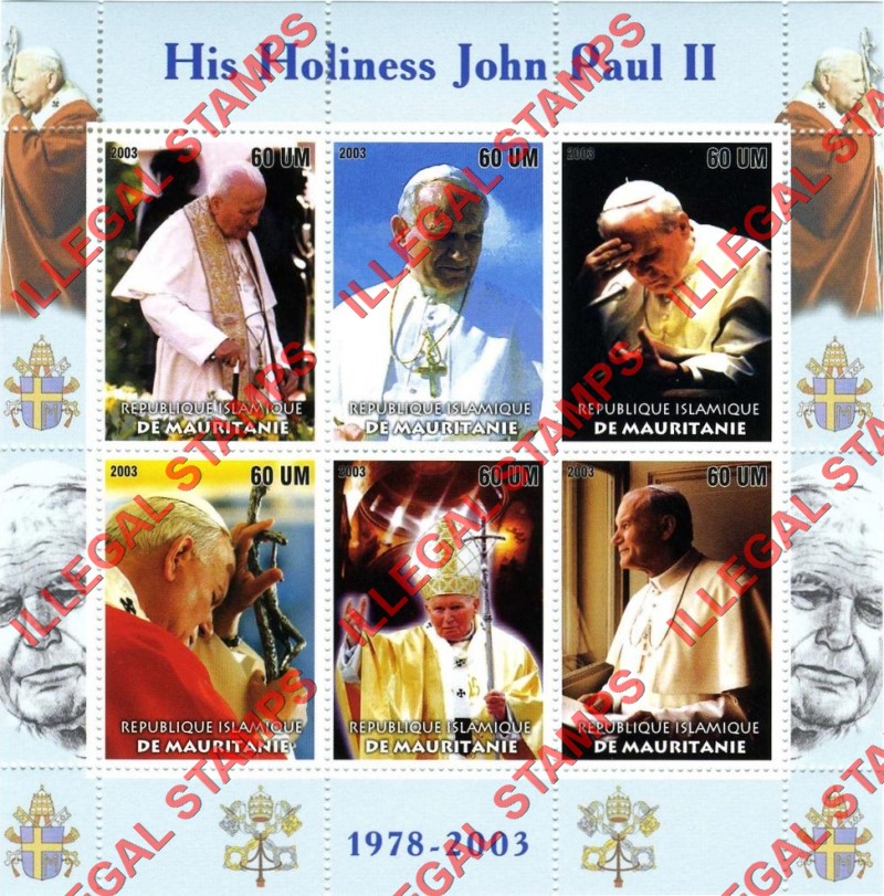 MAURITANIA 2003 Pope John Paul II Counterfeit Illegal Stamp Souvenir Sheet of 6 MAURITANIA 2003 Pope John Paul II Counterfeit Illegal Stamp Souvenir Sheet of 6