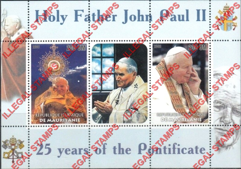 MAURITANIA 2003 Pope John Paul II Counterfeit Illegal Stamp Souvenir Sheet of 3 MAURITANIA 2003 Pope John Paul II Counterfeit Illegal Stamp Souvenir Sheet of 3