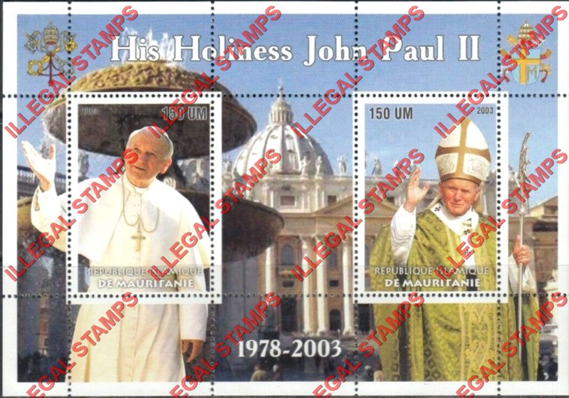 MAURITANIA 2003 Pope John Paul II Counterfeit Illegal Stamp Souvenir Sheet of 2 (Sheet 1) MAURITANIA 2003 Pope John Paul II Counterfeit Illegal Stamp Souvenir Sheet of 2 (Sheet 1)