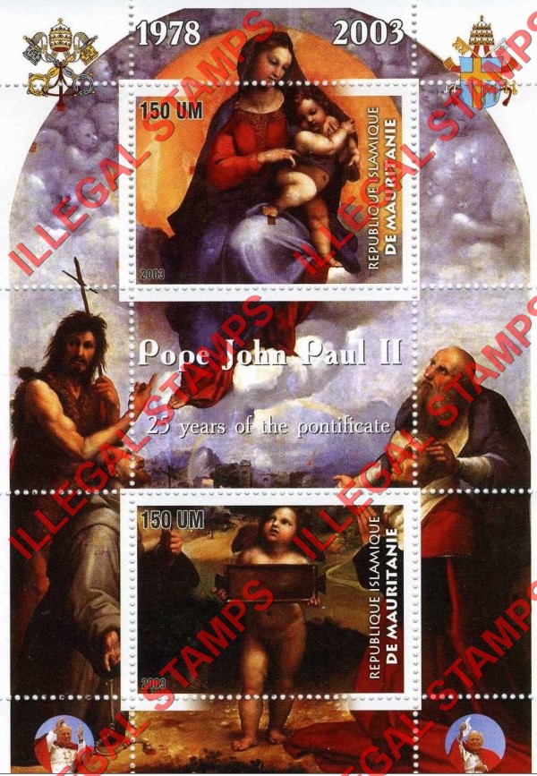 MAURITANIA 2003 Pope John Paul II Counterfeit Illegal Stamp Souvenir Sheet of 2 (Sheet 2) MAURITANIA 2003 Pope John Paul II Counterfeit Illegal Stamp Souvenir Sheet of 2 (Sheet 2)