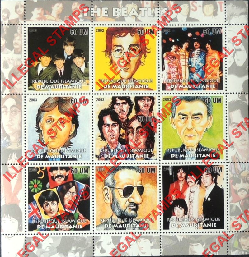 MAURITANIA 2003 The Beatles Counterfeit Illegal Stamp Souvenir Sheet of 9 MAURITANIA 2003 The Beatles Counterfeit Illegal Stamp Souvenir Sheet of 9