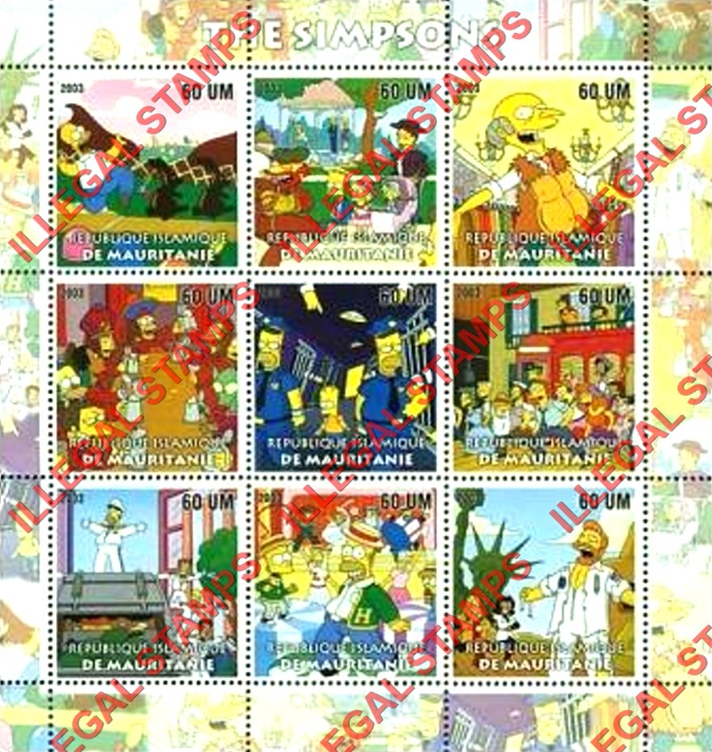 MAURITANIA 2003 The Simpsons Counterfeit Illegal Stamp Souvenir Sheet of 9 MAURITANIA 2003 The Simpsons Counterfeit Illegal Stamp Souvenir Sheet of 9