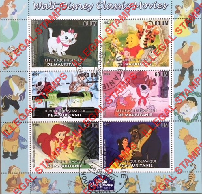 MAURITANIA 2003 Walt Disney Classic Movies Counterfeit Illegal Stamp Souvenir Sheet of 6 MAURITANIA 2003 Walt Disney Classic Movies Counterfeit Illegal Stamp Souvenir Sheet of 6