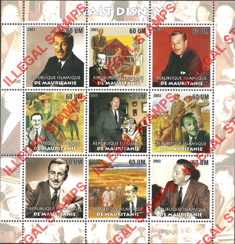 MAURITANIA 2003 Walt Disney Counterfeit Illegal Stamp Souvenir Sheet of 9 MAURITANIA 2003 Walt Disney Counterfeit Illegal Stamp Souvenir Sheet of 9