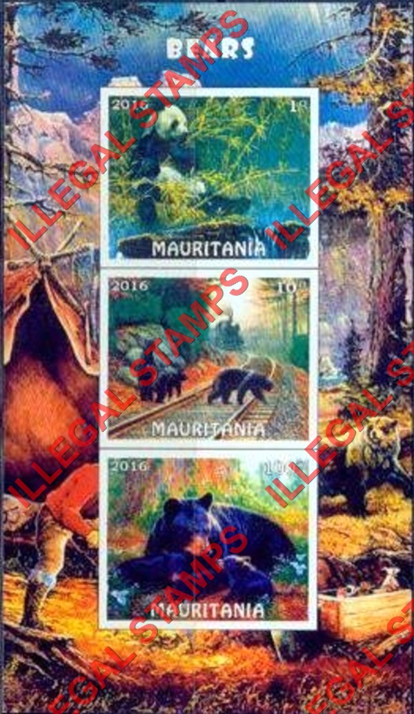 MAURITANIA 2016 Bears Counterfeit Illegal Stamp Souvenir Sheet of 3 MAURITANIA 2016 Bears Counterfeit Illegal Stamp Souvenir Sheet of 3