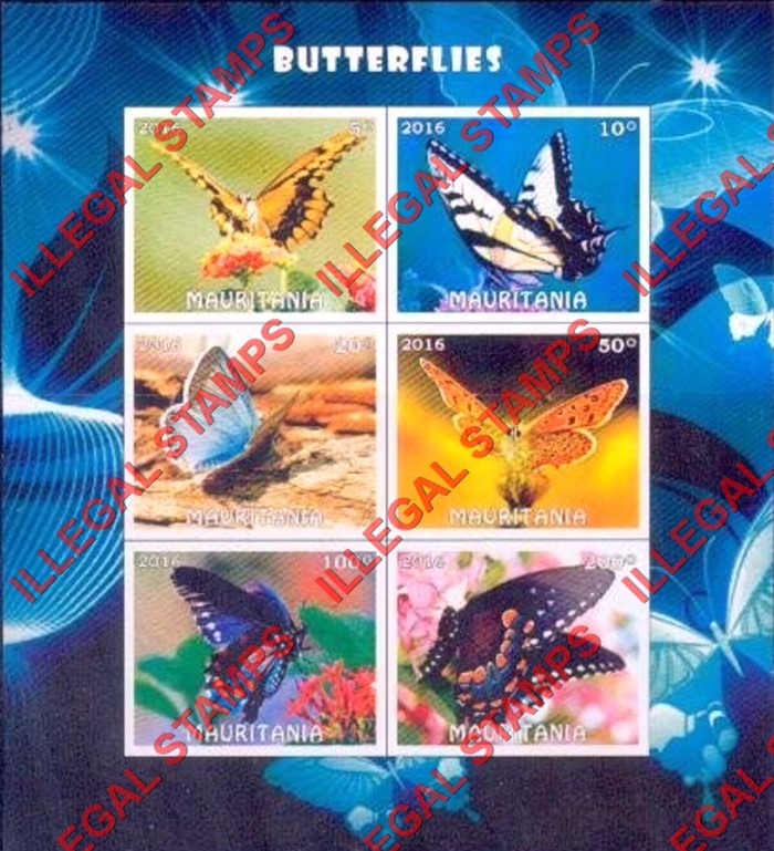 MAURITANIA 2016 Butterflies Counterfeit Illegal Stamp Souvenir Sheet of 6 (Sheet 1) MAURITANIA 2016 Butterflies Counterfeit Illegal Stamp Souvenir Sheet of 6 (Sheet 1)