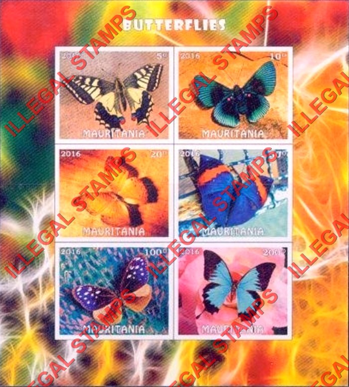 MAURITANIA 2016 Butterflies Counterfeit Illegal Stamp Souvenir Sheet of 6 (Sheet 2) MAURITANIA 2016 Butterflies Counterfeit Illegal Stamp Souvenir Sheet of 6 (Sheet 2)