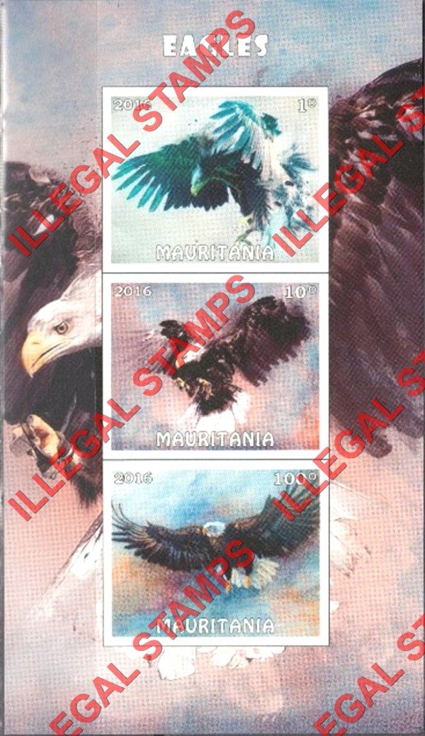 MAURITANIA 2016 Eagles Counterfeit Illegal Stamp Souvenir Sheet of 3 MAURITANIA 2016 Eagles Counterfeit Illegal Stamp Souvenir Sheet of 3