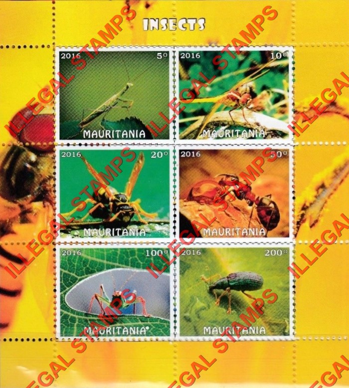 MAURITANIA 2016 Insects Counterfeit Illegal Stamp Souvenir Sheet of 6 MAURITANIA 2016 Insects Counterfeit Illegal Stamp Souvenir Sheet of 6