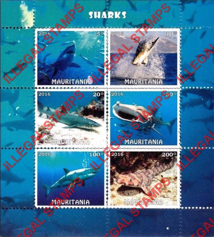 MAURITANIA 2016 Sharks Counterfeit Illegal Stamp Souvenir Sheet of 6 MAURITANIA 2016 Sharks Counterfeit Illegal Stamp Souvenir Sheet of 6
