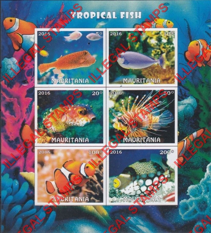 MAURITANIA 2016 Tropical Fish Counterfeit Illegal Stamp Souvenir Sheet of 6 (Sheet 1) MAURITANIA 2016 Tropical Fish Counterfeit Illegal Stamp Souvenir Sheet of 6 (Sheet 1)