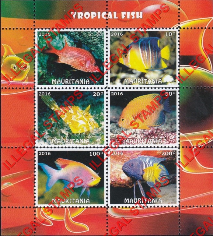MAURITANIA 2016 Tropical Fish Counterfeit Illegal Stamp Souvenir Sheet of 6 (Sheet 2) MAURITANIA 2016 Tropical Fish Counterfeit Illegal Stamp Souvenir Sheet of 6 (Sheet 2)