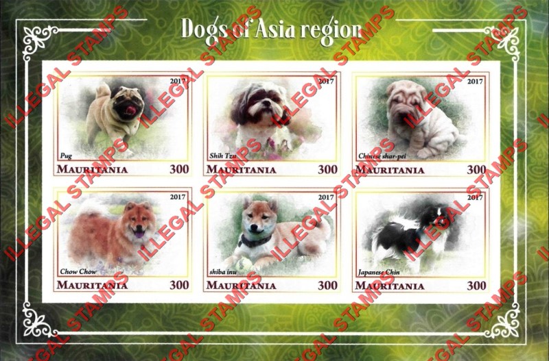 MAURITANIA 2017 Dogs of the Asia Region Counterfeit Illegal Stamp Souvenir Sheet of 6 (Sheet 2) MAURITANIA 2017 Dogs of the Asia Region Counterfeit Illegal Stamp Souvenir Sheet of 6 (Sheet 2)
