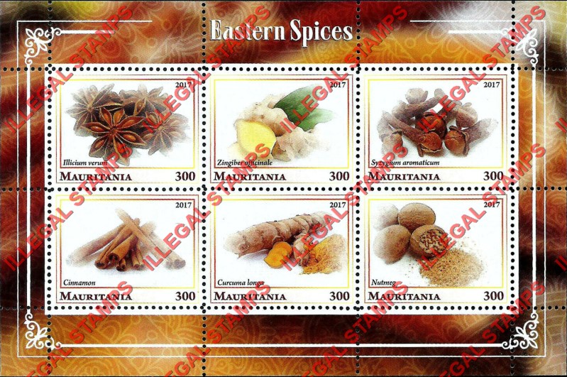 MAURITANIA 2017 Eastern Spices Counterfeit Illegal Stamp Souvenir Sheet of 6 (Sheet 1) MAURITANIA 2017 Eastern Spices Counterfeit Illegal Stamp Souvenir Sheet of 6 (Sheet 1)