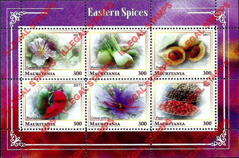 MAURITANIA 2017 Eastern Spices Counterfeit Illegal Stamp Souvenir Sheet of 6 (Sheet 2) MAURITANIA 2017 Eastern Spices Counterfeit Illegal Stamp Souvenir Sheet of 6 (Sheet 2)