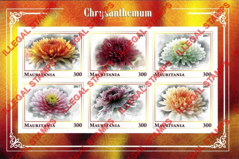 MAURITANIA 2017 Flowers Chrysanthemum Counterfeit Illegal Stamp Souvenir Sheet of 6 (Sheet 2) MAURITANIA 2017 Flowers Chrysanthemum Counterfeit Illegal Stamp Souvenir Sheet of 6 (Sheet 2)