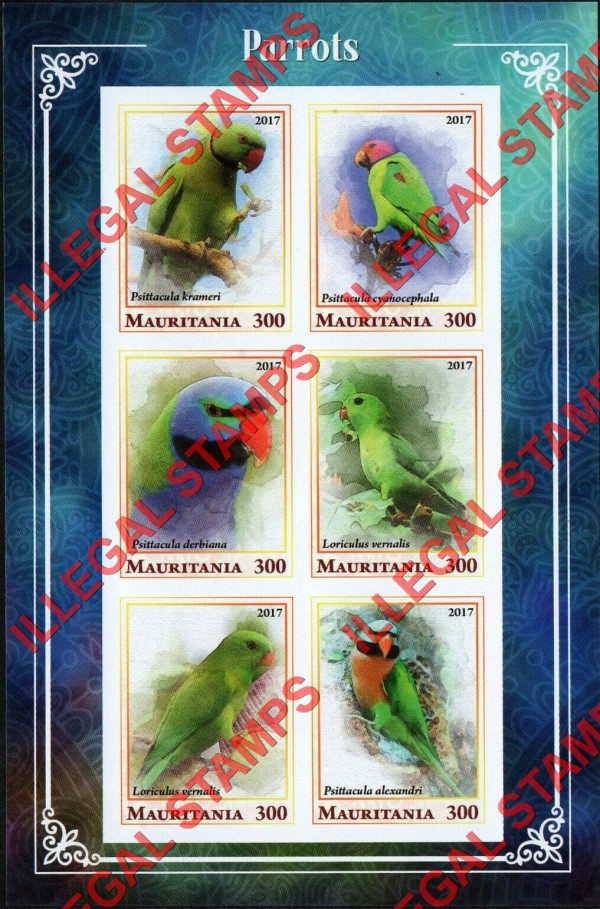 MAURITANIA 2017 Parrots Counterfeit Illegal Stamp Souvenir Sheet of 6 (Sheet 1) MAURITANIA 2017 Parrots Counterfeit Illegal Stamp Souvenir Sheet of 6 (Sheet 1)