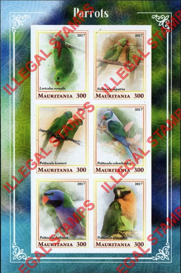 MAURITANIA 2017 Parrots Counterfeit Illegal Stamp Souvenir Sheet of 6 (Sheet 2) MAURITANIA 2017 Parrots Counterfeit Illegal Stamp Souvenir Sheet of 6 (Sheet 2)