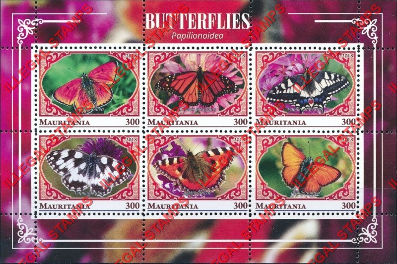MAURITANIA 2018 Butterflies Counterfeit Illegal Stamp Souvenir Sheet of 6 (Sheet 1) MAURITANIA 2018 Butterflies Counterfeit Illegal Stamp Souvenir Sheet of 6 (Sheet 1)