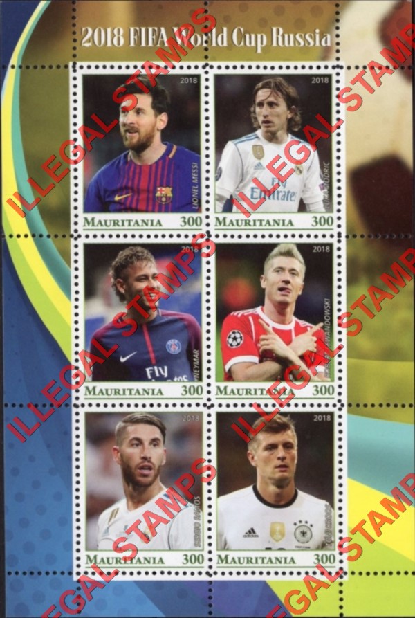 MAURITANIA 2018 FIFA World Cup soccer Players Counterfeit Illegal Stamp Souvenir Sheet of 6 (Sheet 1) MAURITANIA 2018 FIFA World Cup soccer Players Counterfeit Illegal Stamp Souvenir Sheet of 6 (Sheet 1)