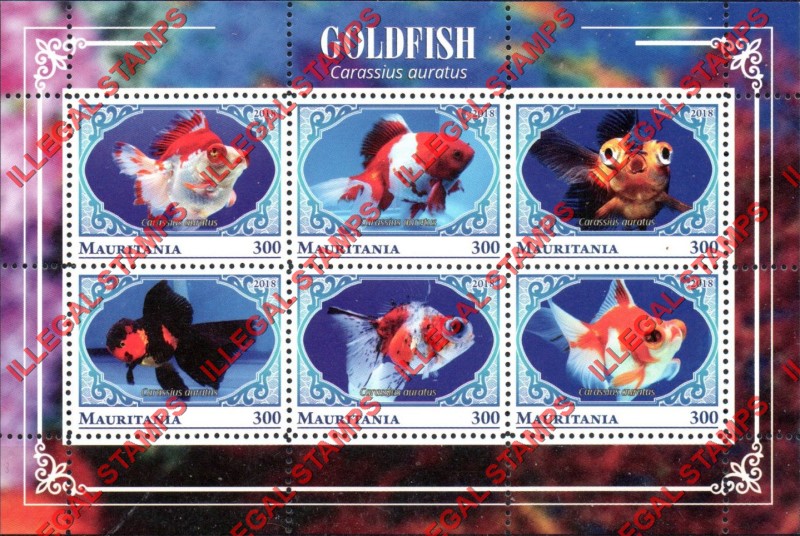 MAURITANIA 2018 Goldfish Counterfeit Illegal Stamp Souvenir Sheet of 6 (Sheet 1) MAURITANIA 2018 Goldfish Counterfeit Illegal Stamp Souvenir Sheet of 6 (Sheet 1)