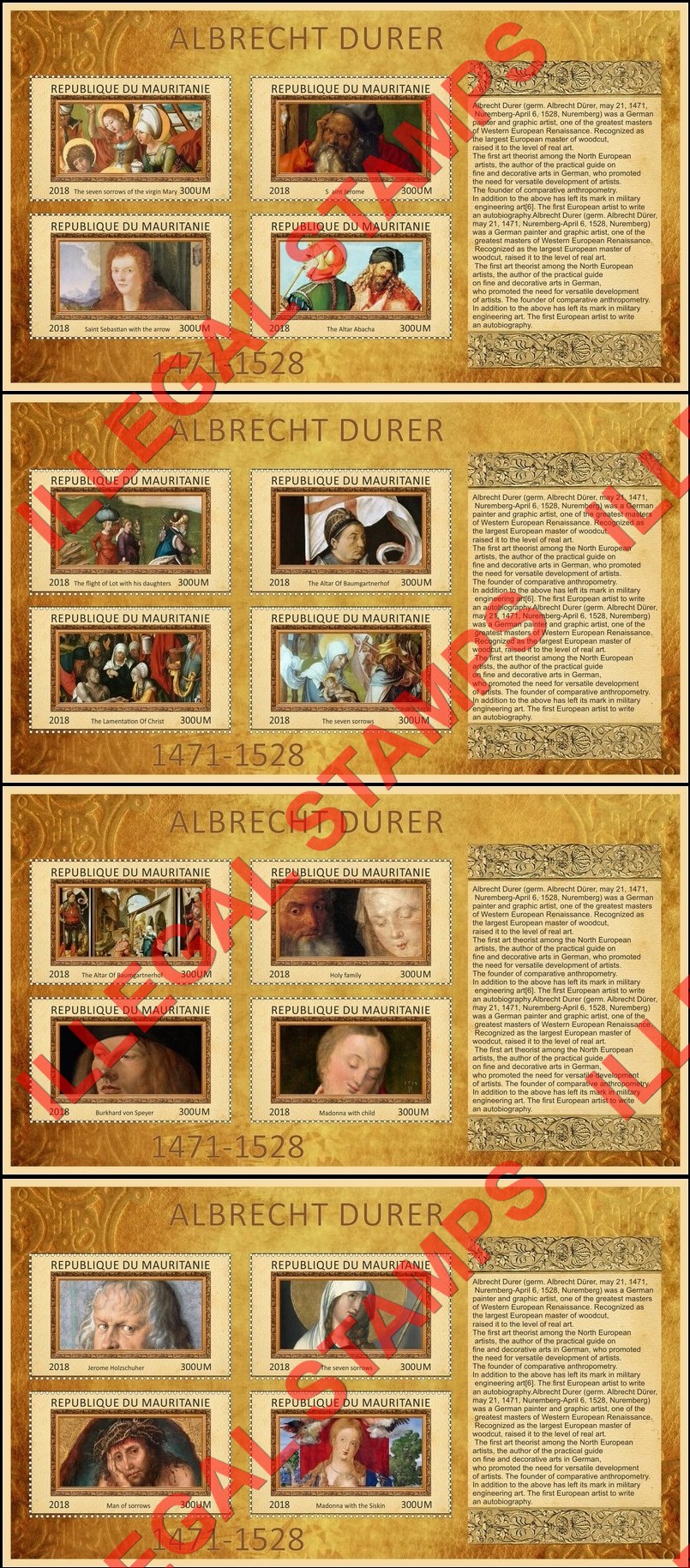 MAURITANIA 2018 Paintings by Albrecht Durer Illegal Stamp Souvenir Sheets of 4 MAURITANIA 2018 Paintings by Albrecht Durer Illegal Stamp Souvenir Sheets of 4