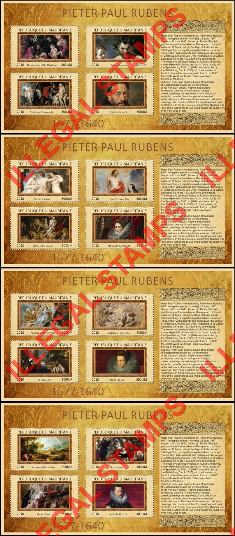 MAURITANIA 2018 Paintings by Peter Paul Rubens Illegal Stamp Souvenir Sheets of 4 MAURITANIA 2018 Paintings by Peter Paul Rubens Illegal Stamp Souvenir Sheets of 4